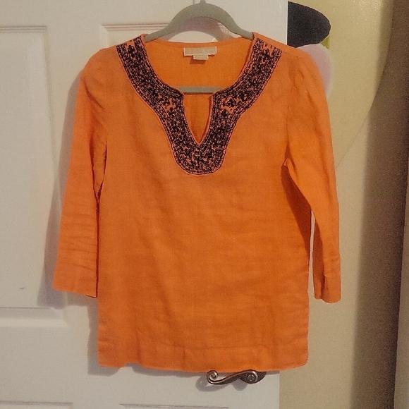 Michael Kors Tops - Michael Kors SzSm Orange 100% Cotton tunic Top beaded Vneck